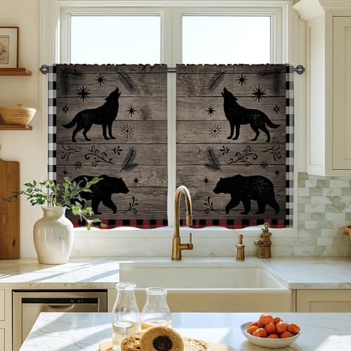 Rideaux de cuisine rustiques avec motif loup, ours de cabane, motif floral, automne, noir, 66 x 91,4 cm
