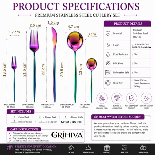 Image of 10 Pcs Rainbow Cutlery Set for Dining Table the Perfect Lightweight Silim Handle Tableware Including Dinner Spoon, Dinner Fork, Dinner Knife, Dessert Spoon & Dessert Fork