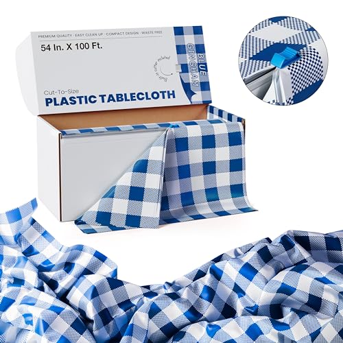 Image of Party Solids 54 Inch X 100 Feet Blue Gingham Plastic Table Cover Roll in A Cut - to - Size Box with Convenient Slide Cutter. Cuts Up to 12 Rectangle 8 Feet Plastic Disposable Tablecloths