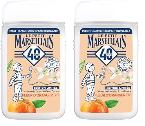 Le Petit Marseillais | Crème de Douche Extra Douce Fleur d'Oranger Bio (flacon de 250 ml) – Gel douche avec 92% d'ingrédients d'origine naturelle – Édition limitée 40 ans (Lot de 2)