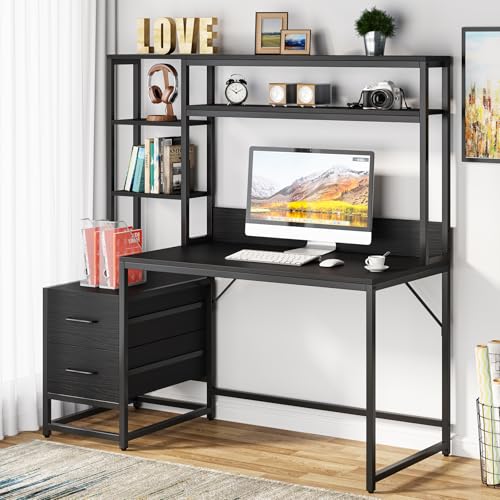 Image of Tribesigns 55 Inch Computer Desk with 2 Drawers and Storage Shelves, Rustic Office Desk with Hutch, Study Writing Gaming Table Laptop Workstation for Home Office (Black)