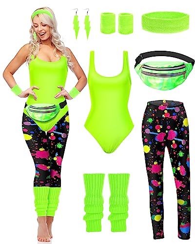 Hercicy 7 Pcs 80s Workout Costume 80s Accessories Set 90s Leotard Legging Headband Wristbands Leg Warmers Earrings Fanny Pack(Large)