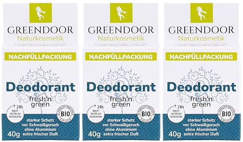 GREENDOOR Deodorant Refill System, 3 * 40g Refills fresh'n green, nachfüllbares festes Deo ohne Aluminium, sicherer starker Schutz, vegan, extra frischer Duft, plastikfrei