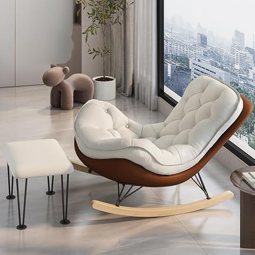 Kaverno Oversized Rocking Chair with PU Cushion, Modern Accent Rocking Chair with Solid Wood Base, Nursery Recliner with Ottoman, Honeycomb Buckle for Bedroom, Living Room(Brown)