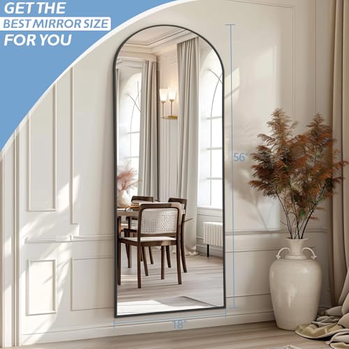 56"X18" Full Length Mirror, Black Floor Mirror with Stand Hanging or Leaning Against Wall Aluminum Alloy Frame Wall Mirror Full Length Tempered Glass for Bedroom Living Room - Image 4