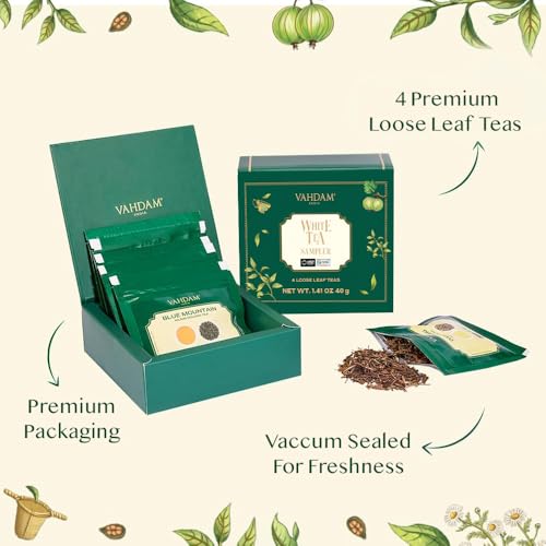 Image of VAHDAM, Assorted White Tea Sampler Gift Set, Gluten Free, Non GMO - 4 Unblended White Loose Leaf Tea Sampler | Tea Variety Pack | Tea Gift Set, Gifts for Women & Men