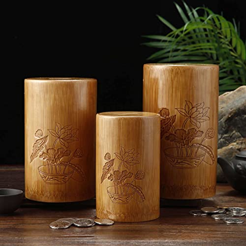 Bamboo Tube Piggy Bank With Lotus Carving Pattern,Creative Coin Bank,Retro & Simple Money Bank,Natural Handmade Piggy Bank,Furniture Decoration, Gifts-Small Size-Lotus #TOP4