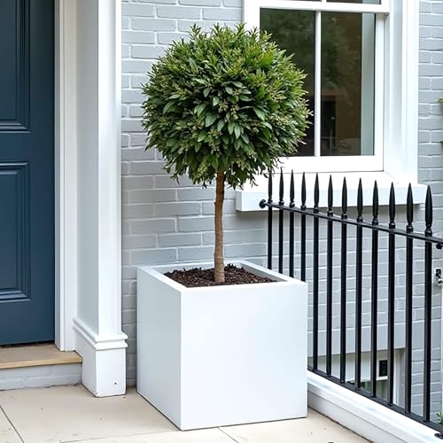 IDEALIST 30cm Square Planter for Garden | White Reinforced Stone Flower Pot with Drainage Holes L30 W30 H30 cm, 27 litres