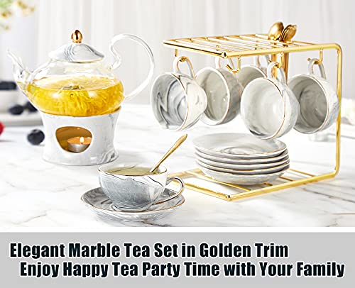 Dujust 21 Pcs Small Tea Set Of 6, Gray Marble Texture With Handcraft Golden Trim, Fine Porcelain Tea Pot Set For Kids&Adults, 1 Glass Teapot(22Oz), 6 Cups(4Oz), 6 Saucers, 6 Spoons, 1 Shelf&1 Warmer #TOP1