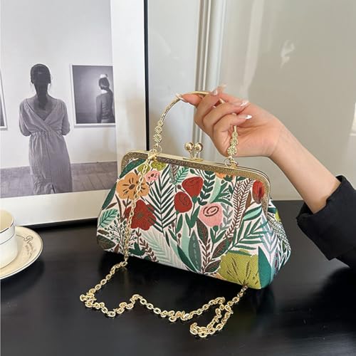 Image of Women Vintage Flower Embroidery Handbag Evening Purse Crossbody Shoulder Bag with Chain Strap