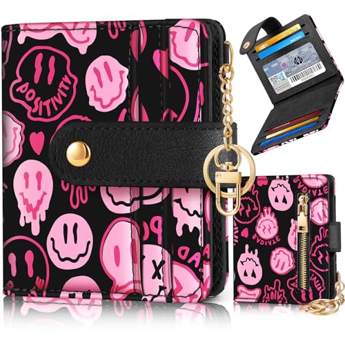 Image of Bistup Small Card Wallet for Women with Keychain, Y2K Pink Smile | Clear ID Window, Compact Design for Daily Carry, Durable Material, Sturdy Keychain, Aesthetic