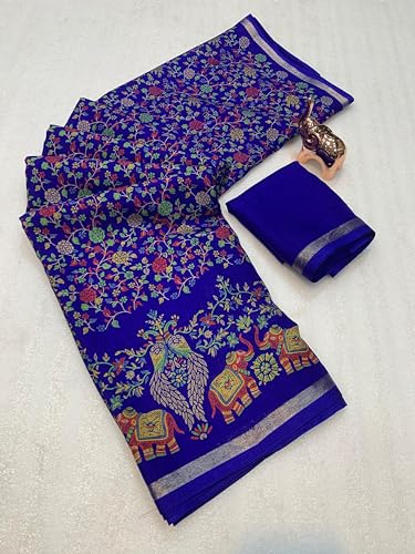Image of Kalamkari Floral Prints Dola Silk Saree With Rich Zari Border Designer Pallu Attach Blouse Piece