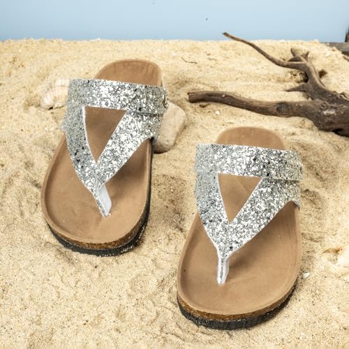 Summer Boys Girls Glitter Sequin Flip Flops Cork Footbed Slides Sparkle Beach Sandals with Back Strap2