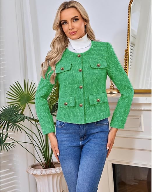 Women's Tweed Blazers Jackets Casual Long Sleeve Button Down Business Short Casual Cropped Coats - Image 4