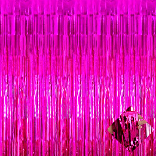 Image of 4 Pack 3.2Ft x 8.2Ft Fuchsia Foil Fringe Curtain Backdrop, Metallic Tinsel Foil Fringe Streamers Curtains Background for Photo Booth, Birthday, Wedding, Halloween, Christmas Party Decoration