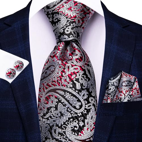 Image of Hi-Tie Paisley Floral Ties Set for Men Silk Mens Stripes Necktie Pocket Square Cufflinks Set Formal Business