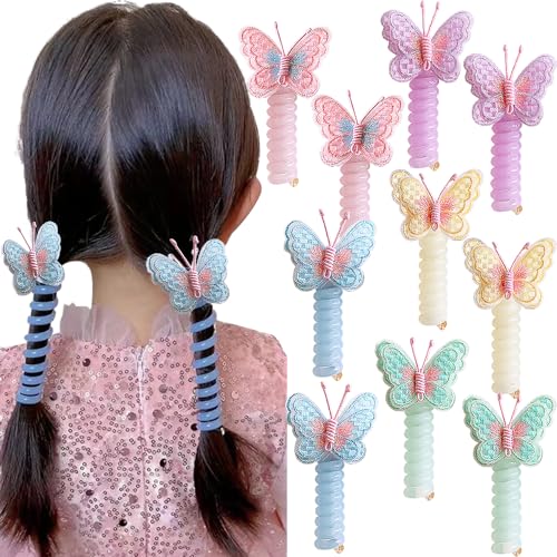 10Pcs Embroidered Butterfly Headband Spiral Hair Ties No Damage Colorful Butterfly Telephone Wire Hair Bands for Kid Cute Butterfly Ponytail Holders Headbands Telephone Cord Hair Ties Hair Accessories