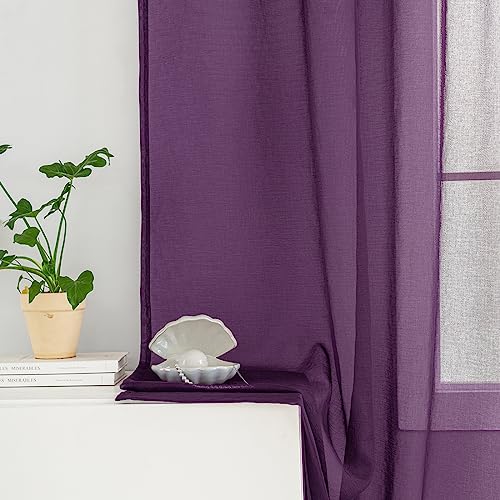 Image of Sheer Curtains 45 Inch Length for Living Room Bedroom, Rod Pocket Polyester Semi Sheer Privacy Drapes, Window Treatments Semi Crinkle Curtain Panels for Kitchen Doorway Divider, Purple, 52 inch Wx 45 inchL