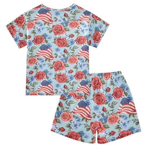 July 4th Independence Day American Flag Rose Pajama Set Pajamas Sleepwear Nightwear Loungewear Clothes Set B04046012