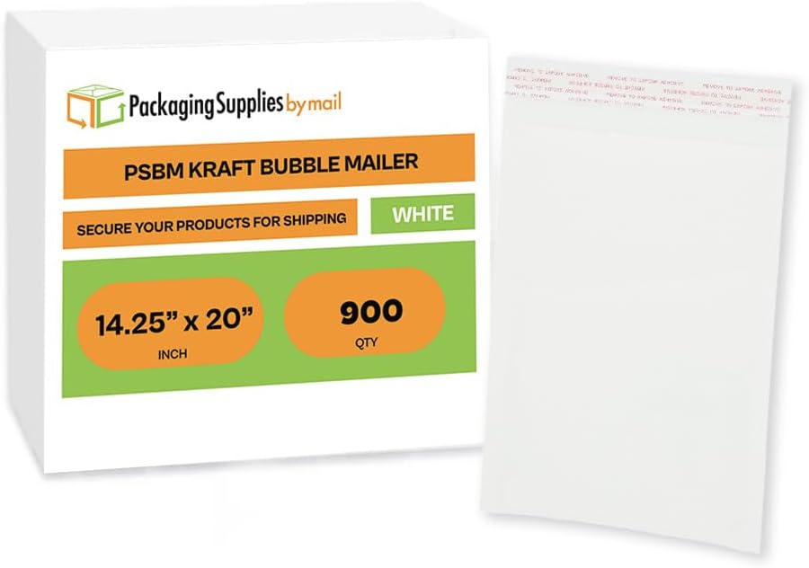 PSBM #7 100 PCS 14.25 x 20 Inch White Kraft Bubble Mailers, Cushion Padded Envelopes, Self-Sealing Peel-Off Strip, Ideal for Shipping CD, DVD, Jewelry, Photos, Magazine, Books, Clothes and More