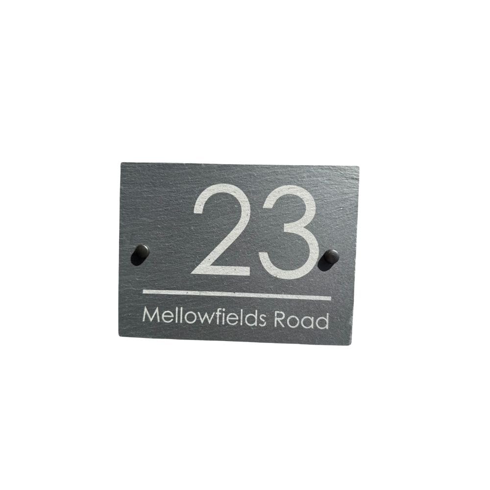 Personalised Slate House Sign 20 x 15cm, House Number & Street Name, Laser Engraved Natural Slate Address Plaque, Rectangle Outdoor Door Sign with Wall Plugs, Screws & Caps, UK Made (Style 1)
