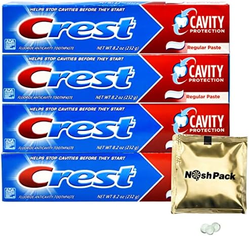 Fluoride Cavity Protection Toothpaste 8.2 Ounce Regular Paste, Bulk Toothpaste, Prevents Cavities Before They Start with Nosh Pack Candy Packet Mints (4 Pack)