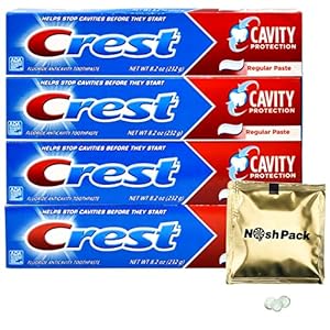 NOSH PACK Fluoride Cavity Protection Toothpaste 8.2 Ounce Regular Paste, Bulk Toothpaste, Prevents Cavities Before They Start with Nosh Pack Candy Packet Mints (4 Pack)
