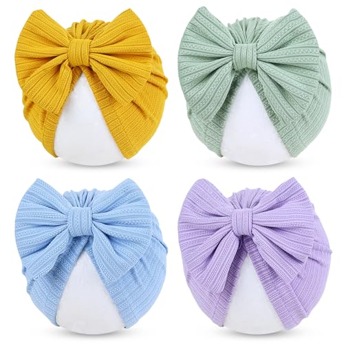Cinaci 4 Pieces Baby Girls Turban Hats with Bow Newborn Hospital Caps Bonnets Beanies Headwraps for Infants Toddlers
