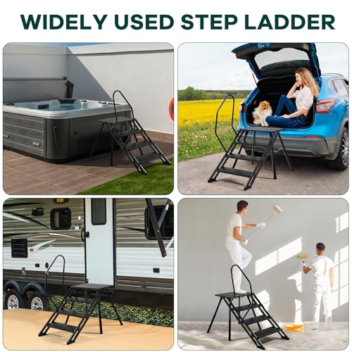 RV Steps Foldable, Aluminum Portable 4 Step Camper Steps with Handrail Adjustable Height with Non Slip Feets for 5th Wheel RV, Travel Trailer, Home, Camper, Spa, Hot Tub Steps, and Porch