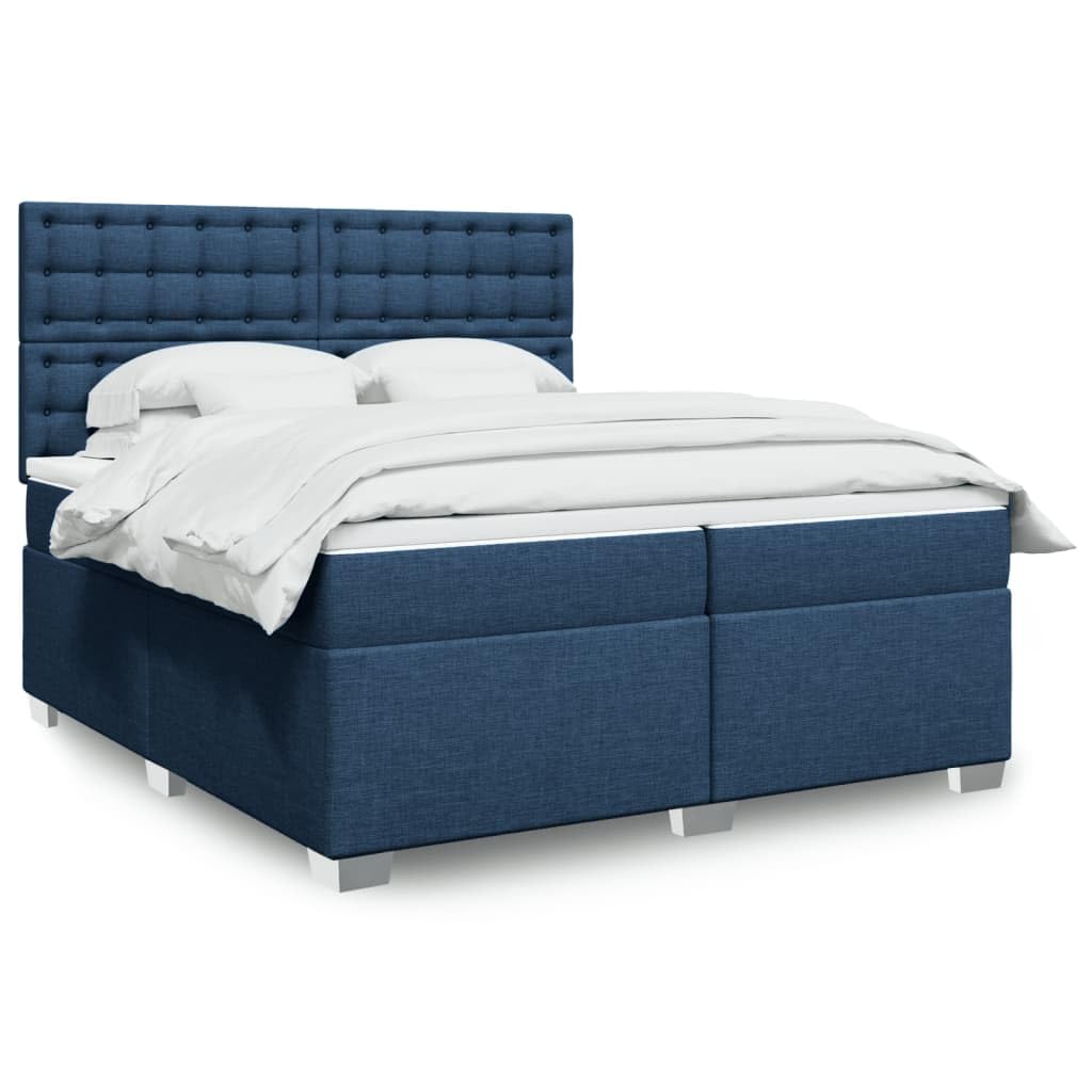 Cama con somier con colchón, azul, 200 x 200 cm, tela, cómoda cama tapizada con iluminación LED, cabecero regulable en altura y colchón de muelles ensacados para dormitorio