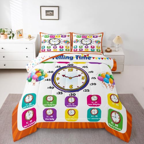 Image of Feelyou Educational Bedding Set King, Time Learning Comforter for Kids Boys Girls Time Colock Comforter Set Educational Duvet Set 3Pcs