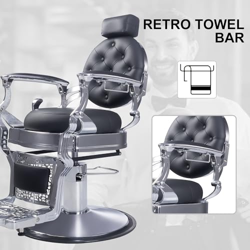 Image of Vintage Aluminum Barber Chair for Hair Stylist, Heavy Duty Barber Chair for Barbershop,Hydraulic Reclining Hair Salon Chair, 360 Degree Swivel for Tattoo Massage (Silver)