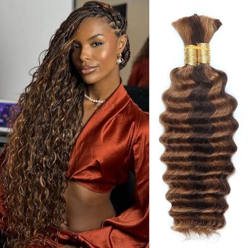 Human Braiding Hair 20 Inch 100g 4/30 Ombre Highlight Deep Wave Bulk No Weft Curly Bundles Human Hair Extensions for Boho Knotless Braids (4/30)