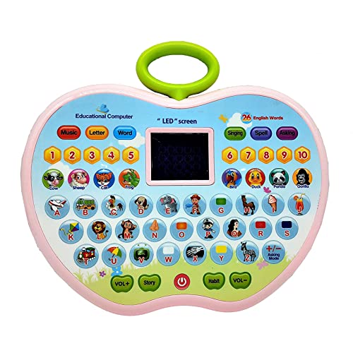 Image of VGRASSP Apple Shape Educational Mini Computer Laptop Toy for Kids LED Display and Fun Music for Learning Alphabets Numbers Words and Animals (Pink)