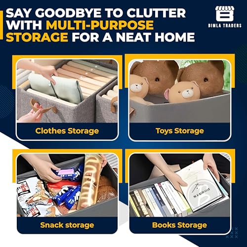 Image of CRAE Pack of 1 Storage Baskets (46L x 27W x 19H CM) Non-Woven Foldable Wardrobe Organizer with Metal Frame Rectangle, Storage Box with Handles for Clothes, Books, Toys, Blankets & Closet Use.
