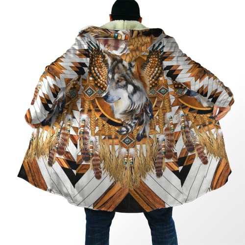 Trench avec Cape à Capuche Bohême la Plume Animal Loup Style Indien imprimé en 3D en Polaire Sherpa Épaississez en Hiver pour Rester au Chaud et Coupe Vent Vêtements d'extérieur pour Hommes et Femmes Cover