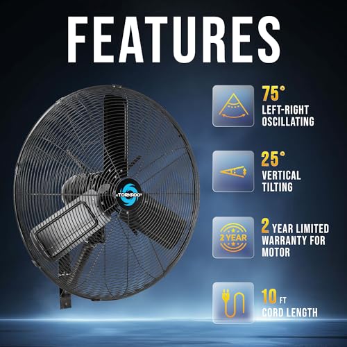 Tornado 24 Inch Outdoor Wall Mount Fan, IPX4 Water-Resistant, High Velocity, Oscillating, 2-Speed, 7350 CFM, TEAO Motor, cETL Listed– For Industrial Use by Tornado - Image 2