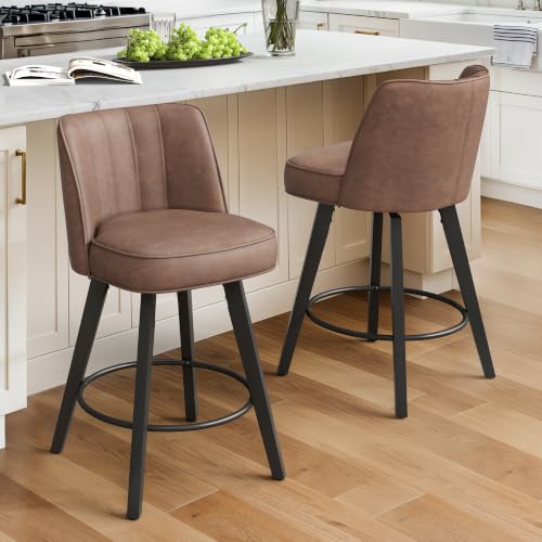 Image of LUE BONA 360-degree Swivel Bar Stools Set of 2, 26 inch Counter Height Bar Stools with High Back and Wood Legs, Morden Faux Leather Upholstered Barstools for Kitchen Counter, Saddle Brown