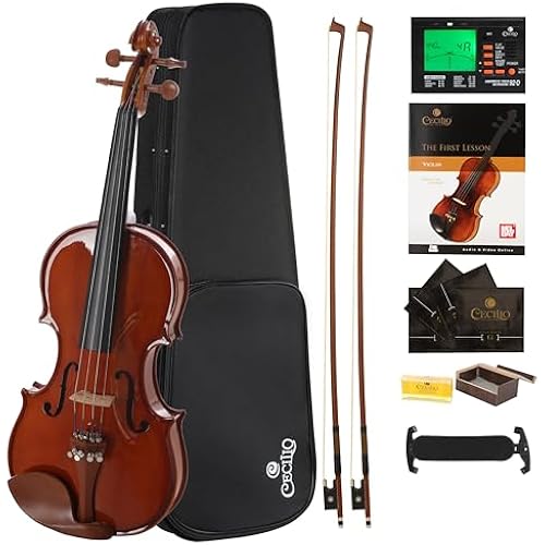 Cecilio Violin Solidwood Violin with 2 Brazilwood Bows, Rosin, Tuner, Shoulder Rest & Lesson Book – Ideal for Beginners, Size 3/4
