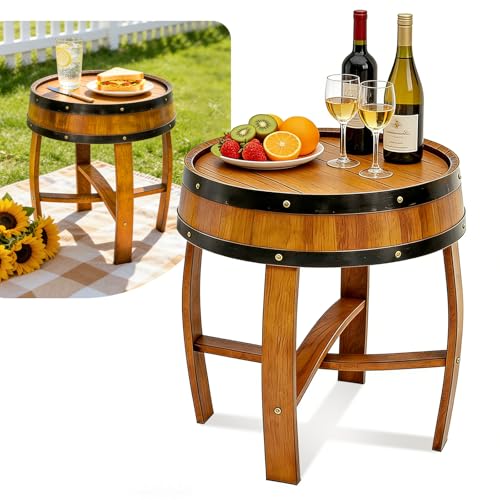 EBuZhe 2026 New Rustic Whiskey Barrel Table - 22.2x24 Solid Oak Round Coffee End | Handcrafted Wine Barrel & Whiskey Side Table for Living Room Bar