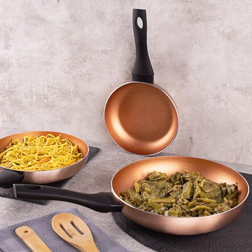 Foto von Set mit 3 Pfannen 18, 20 und 24 cm, aus gepresstem Aluminium, induktionsgeeignet, Kupfer-Kollektion
