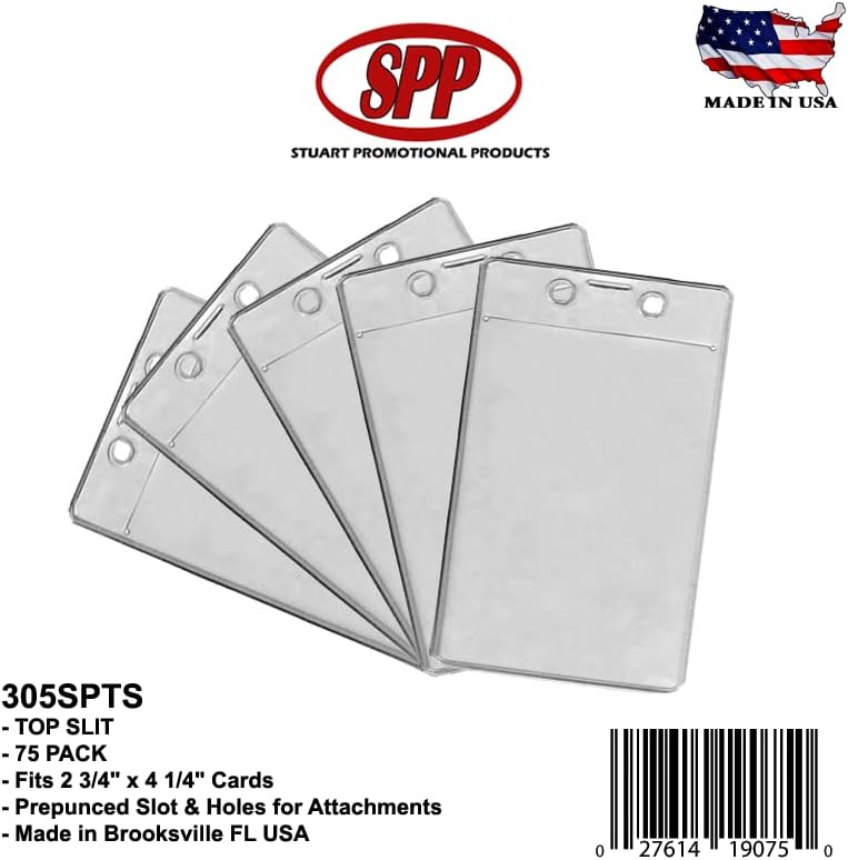75 Pack, Vertical Badge Holder, Top Slit, Fits 2 3/4" x 4 1/4" Cards, Made in USA, 305SPTS