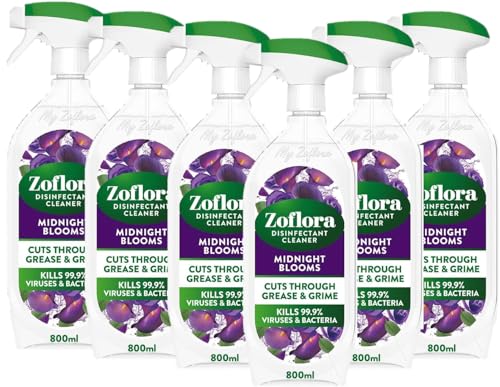 Image of Zoflora Midnight Blooms Multipurpose Disinfectant Trigger Spray, 6 x 800ml, Floral Antibacterial Multi-Surface Cleaner, Pet-Friendly, Kills 99.9% of Bacteria & Viruses.