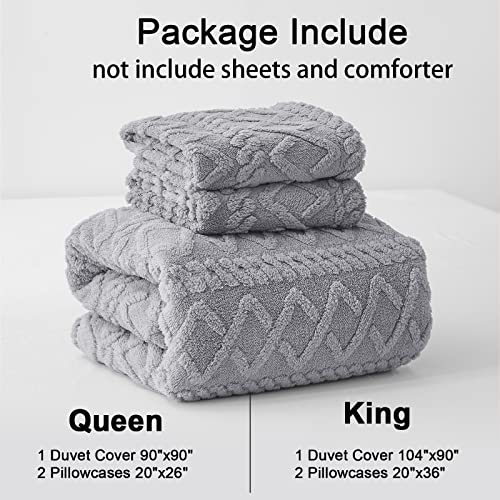 Gray Plush Tufted Duvet Cover Queen Fluffy Boho Shabby Chic Bedding Set Winter Flannel Textured Comforter Cover For Winter (1 Duvet Cover + 2 Pillowcases) With Corner Ties #TOP2