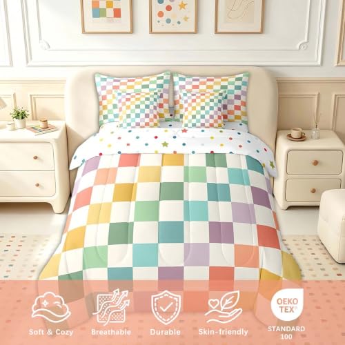Image of Feelyou Multicolored Checkered Retro 7 Piece Bedding Set Kids Boys Geometric Vintage Comforter Set with Sheets Queen Size Green Yellow Colorful Bed in a Bag Modern Simple Groovy Aesthetic Room Decor