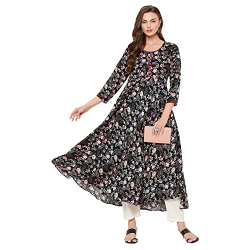 Tissu Women's Rayon Black & Pink Floral Printed A-Line Kurta 2194_Black_8XL