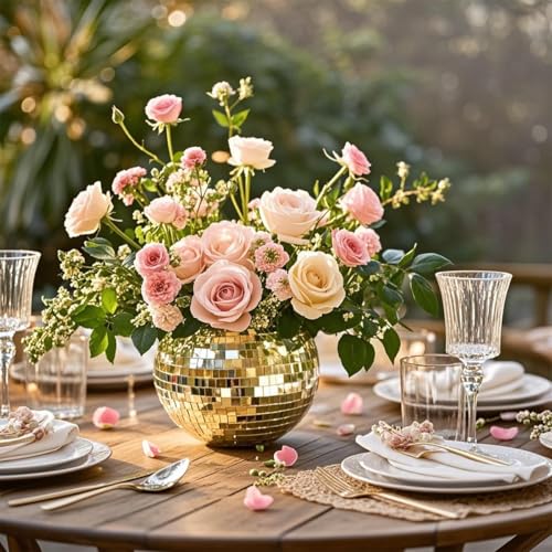 Image of 6 Pcs Disco Ball Vase,5 inch X 6 inch Disco Ball Centerpieces,Glass Disco Ball Planter Mirror Disco Ball Decor Can Be Used for Wedding Centerpieces,Birthday,Office(Gold)