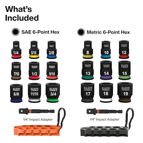 Image of Klein Tools 80207 Grab-And-Go Impact Socket Sets, SAE and Metric, 20-Piece Set with Sleeves, Carabiners, 3 /8-Inch Drive, Color-Coded, 1 /4-Inch to 3 /4-Inch, 8 mm to 19 mm Sockets
