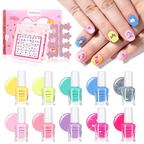 TOMICCA Non-Toxic Safe Nail Polish Kit,10 Colors Water-Based Peelable Glitter Nail Polishs Kit,Quick Dry Nail Polish Set