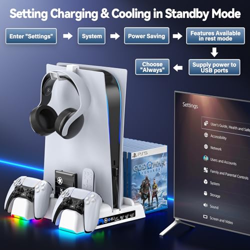 image for Kytok PS5 Stand with 3-Level Cooling Fan, PS5 Controller Charger with 